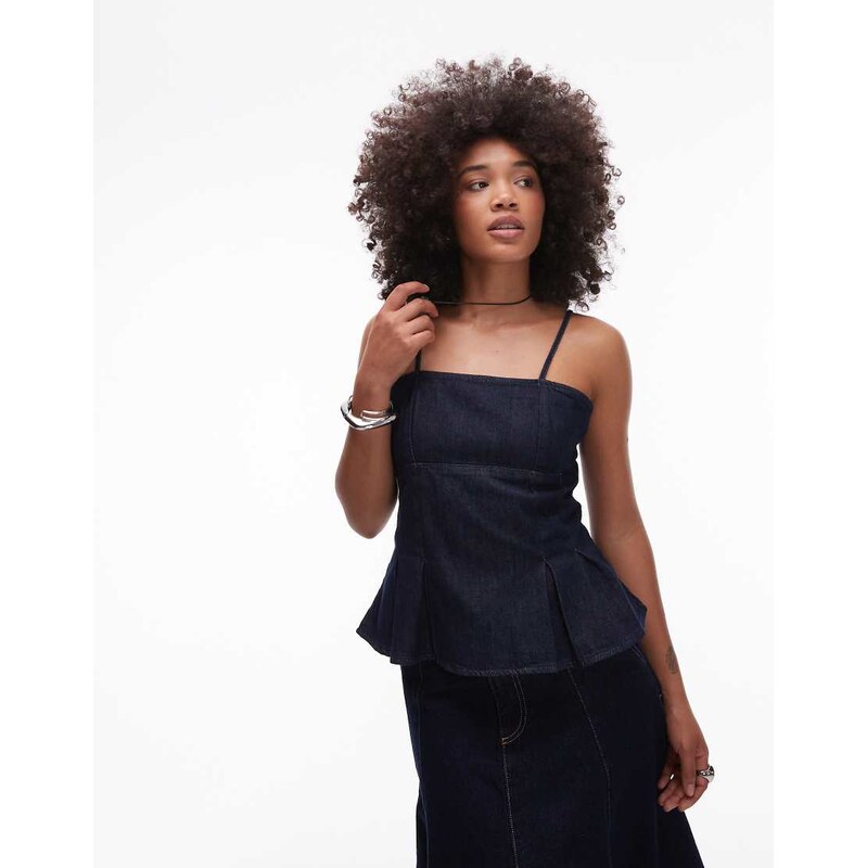Topshop denim strap peplum top in mid blue