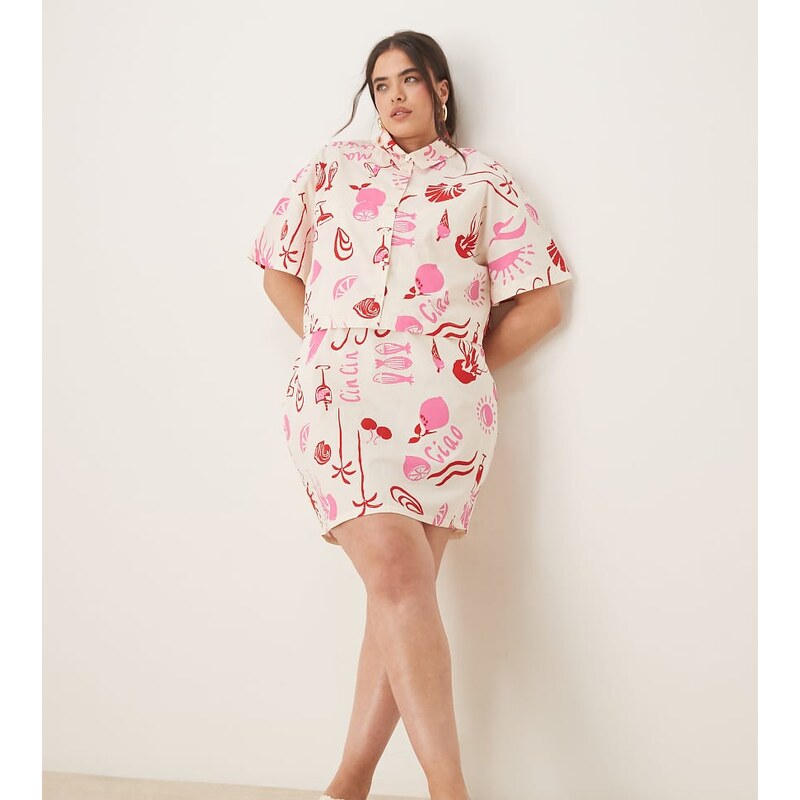 ASOS Curve ASOS DESIGN Curve poplin shirt co-ord in conversational 107218233