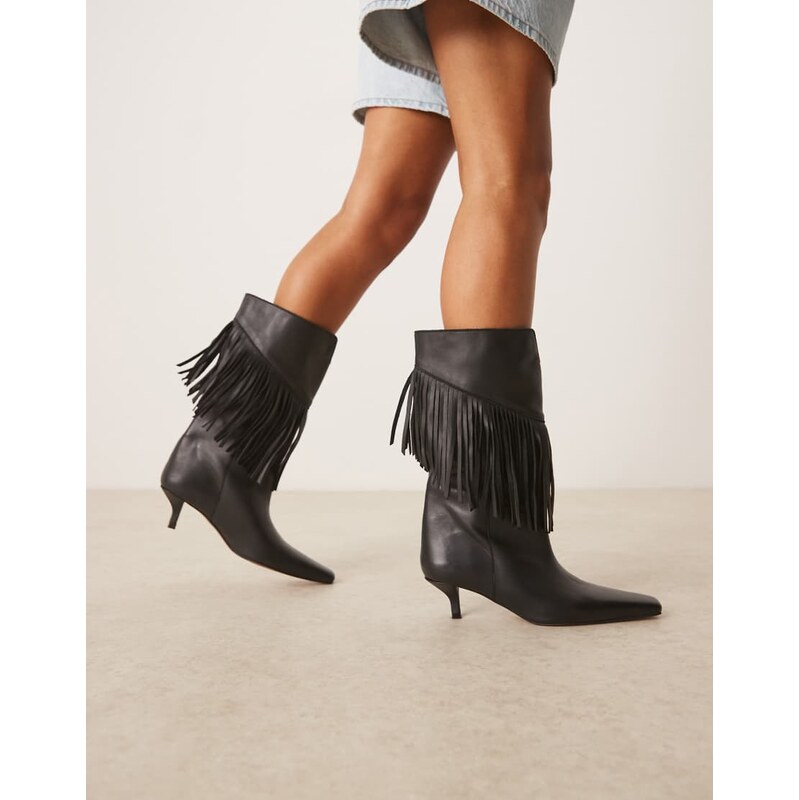 ASOS DESIGN Carmine leather fringe knee boots in black 113537278