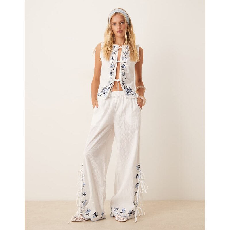Neon Rose tie-side embroidered trousers co-ord in white and blue