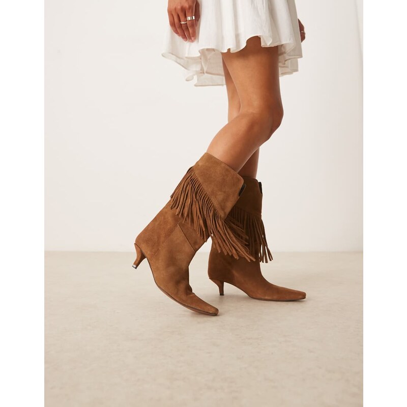 ASOS DESIGN Carmine premium suede fringe knee boots in sand-Neutral
