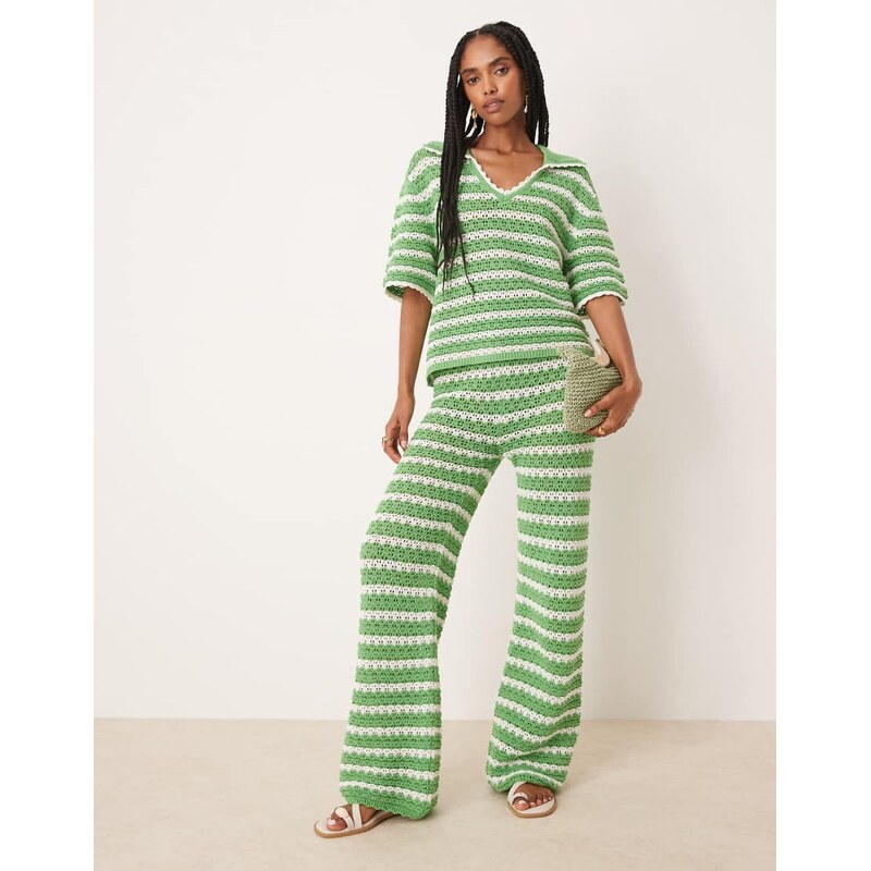 ASOS DESIGN co-ord knitted stitch wide leg trousers in stripe-Green 106809141