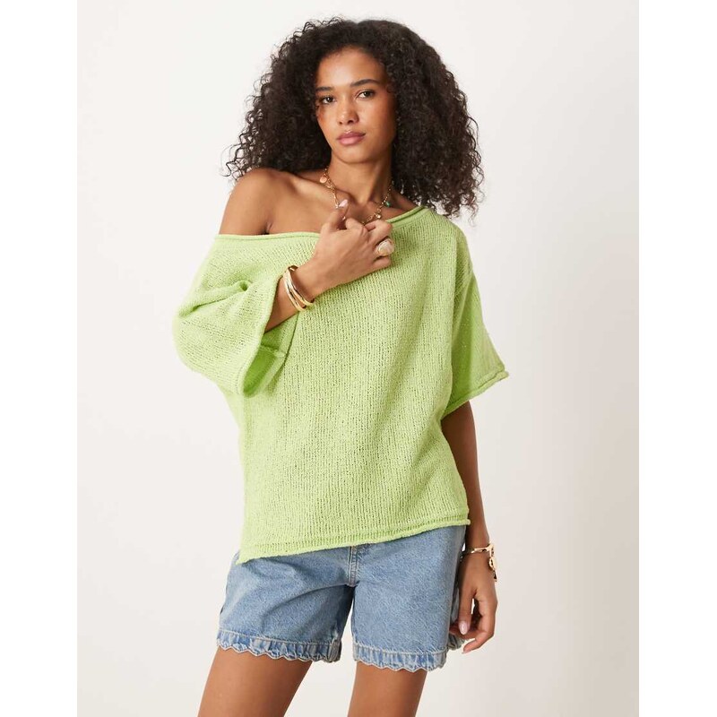 ASOS DESIGN loose knit off shoulder short sleeve jumper in green 106809180