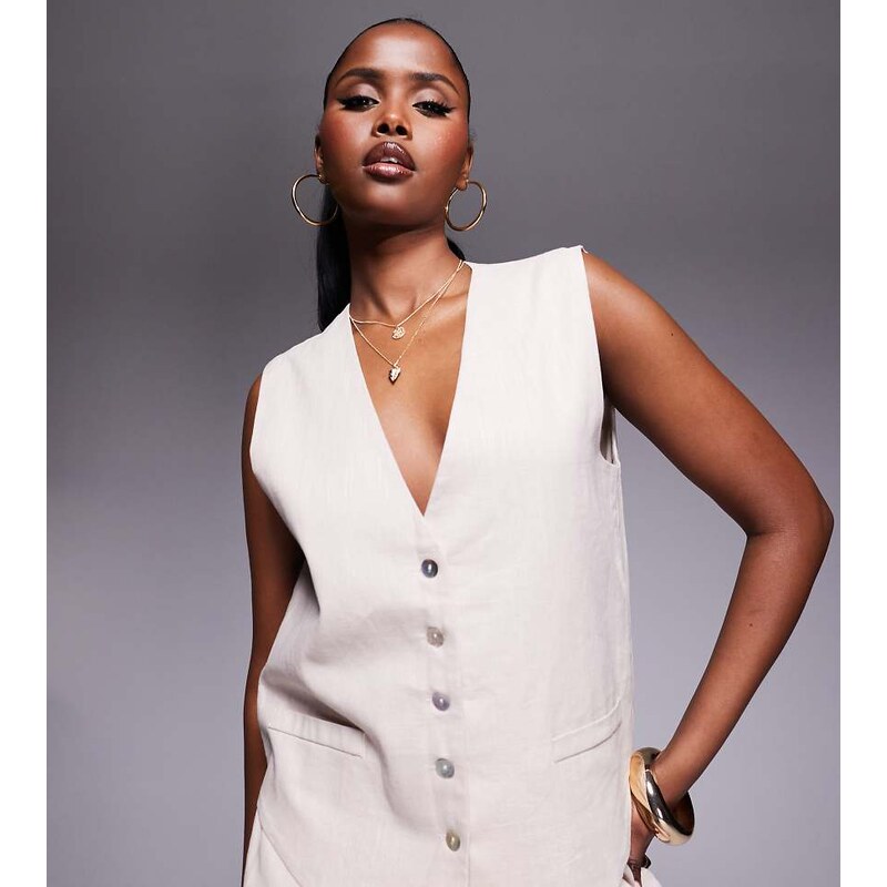 Kaiia exclusive linen look button through oversized waistcoat top co 115640233