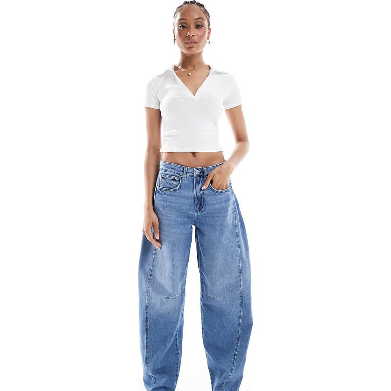 ONLY Tall barrel leg jeans with seam detail in mid blue denim 106812721