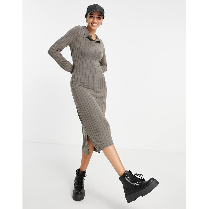 Pieces ribbed polo midi dress in grey-Green 106818263