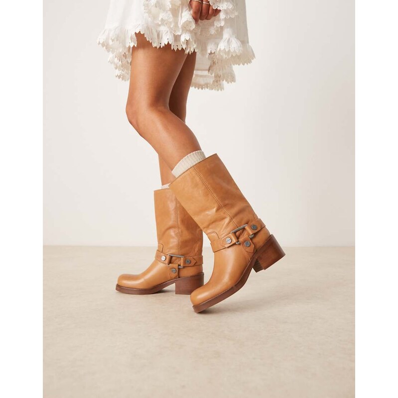 ASOS DESIGN Colton premium leather harness trucker knee boots in camel 110918916