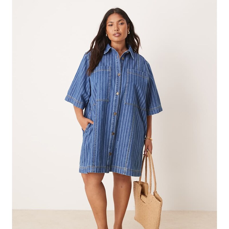 ARRANGE Curve mini denim stripe shirt dress-Blue 106818378