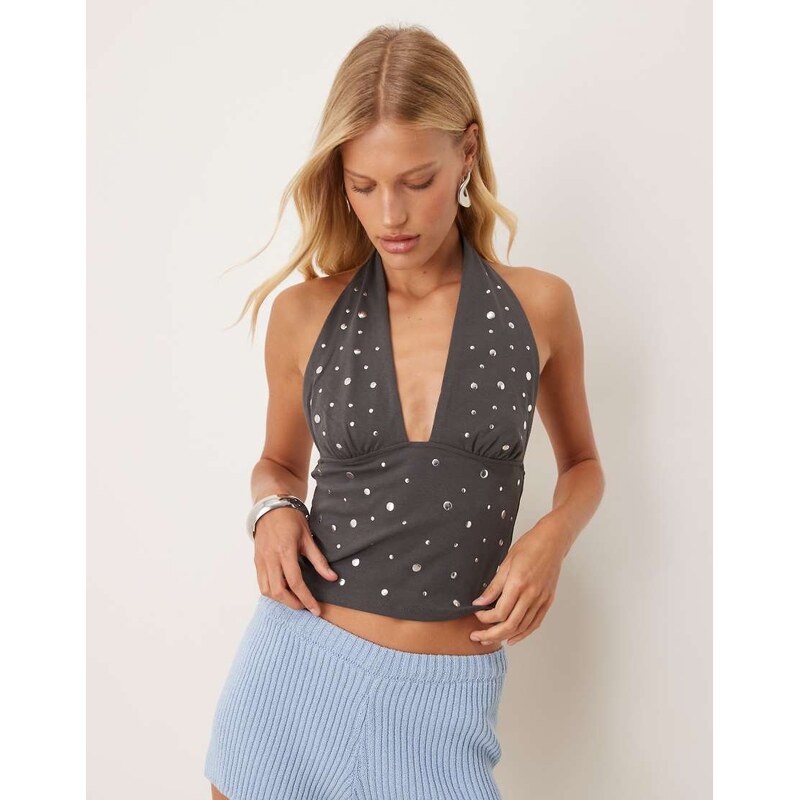 Mango cotton mix studded halter top in charcoal-Grey 106818437