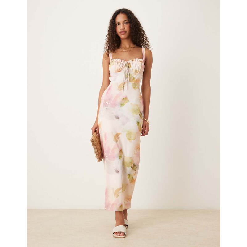 ASOS DESIGN ruched midi dress in soft pink floral-Multi