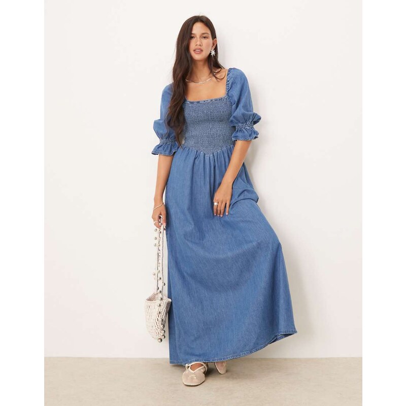 ASOS DESIGN soft denim puff sleeve maxi dress with shirring in