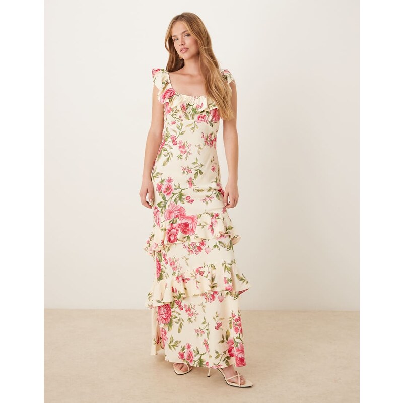 YAS off-shoulder ruffle midi dress in pink and cream floral 106818344