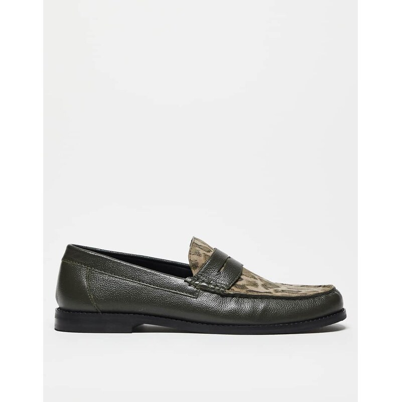 ASOS DESIGN penny loafers in khaki leather with faux snake print