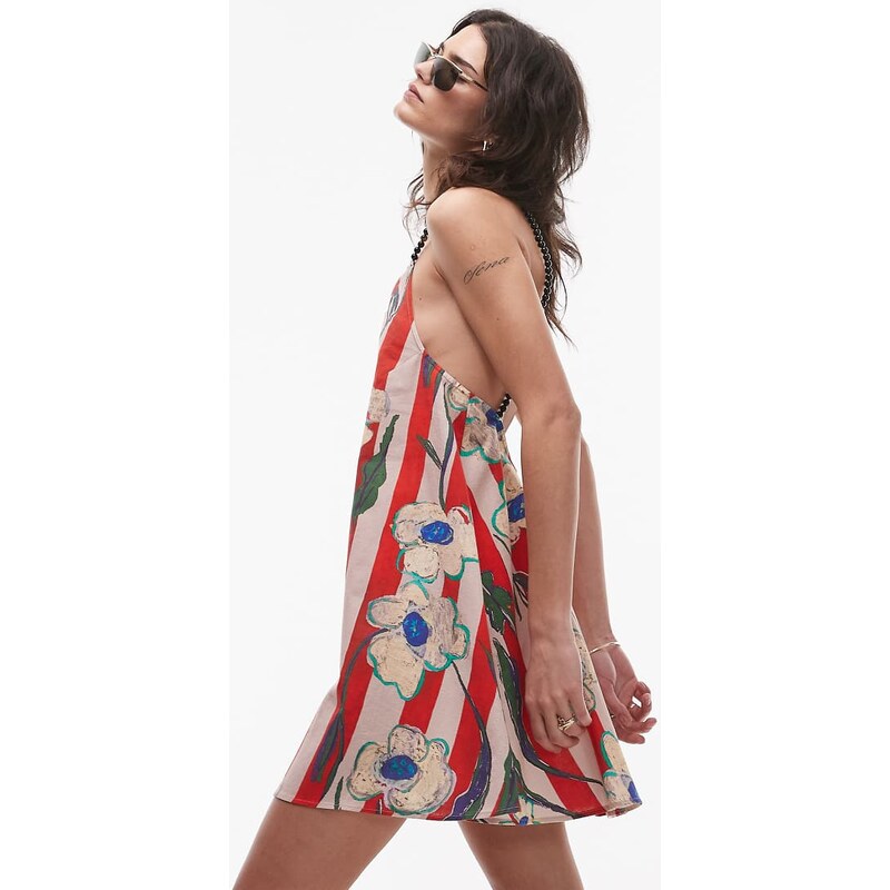 Topshop beaded strap printed flippy mini dress in red and floral