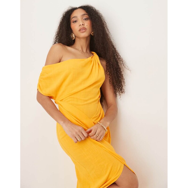 ASOS DESIGN linen fallen twist shoulder wrap skirt detail midi