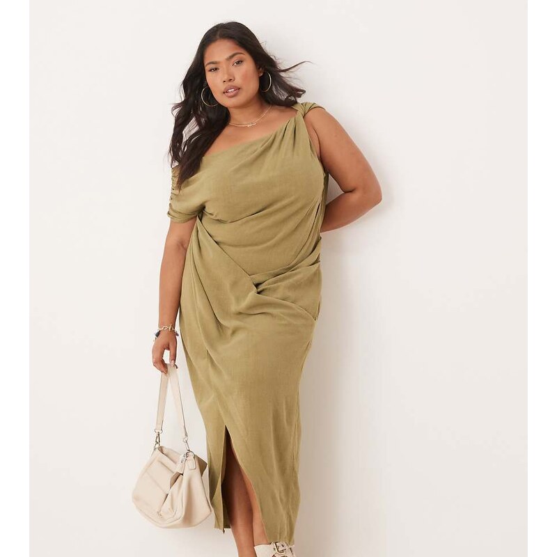 ASOS Curve ASOS DESIGN Curve linen fallen twist shoulder wrap skirt 110976728