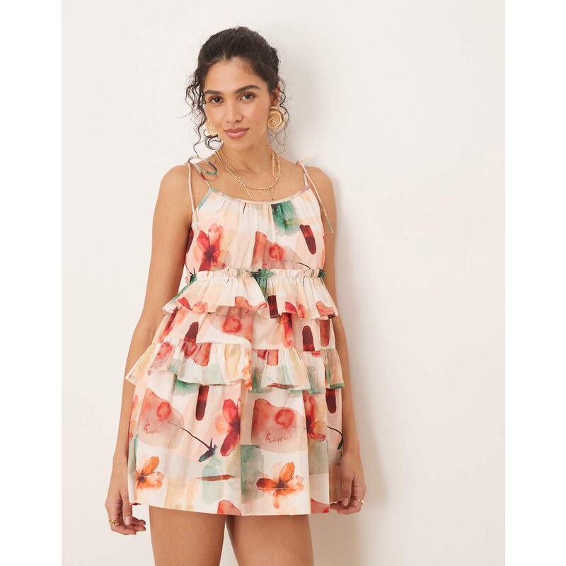 ASOS DESIGN ruffle tiered mini dress in vintage floral-Multi