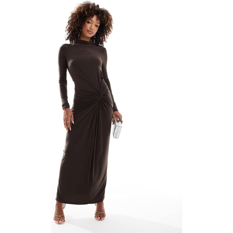 Daska stretch long sleeve high neck twist detail maxi dress in 115512275