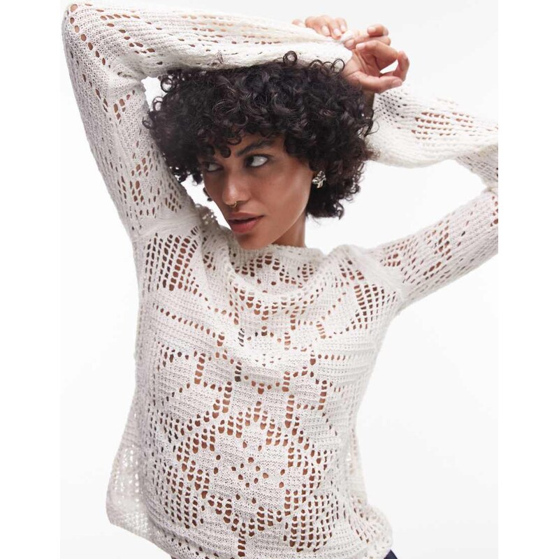 Topshop knitted slash neck lace long sleeve top in ivory-White 106821010