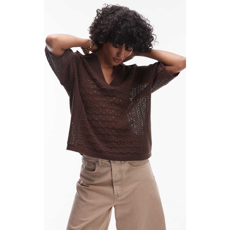 Topshop open stitch polo top in chocolate-Brown 106860853