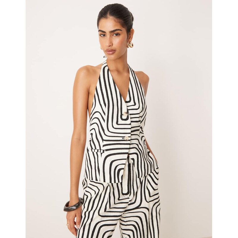 Mango tailored halter waistcoat co-ord in mono abstract print-White 106821078