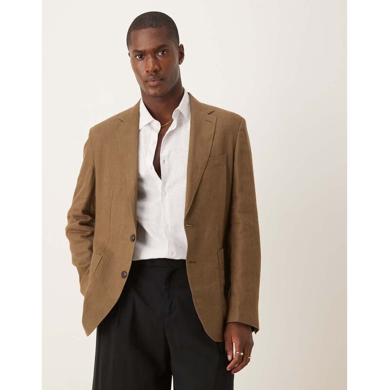Mango linen slim fit blazer in brown
