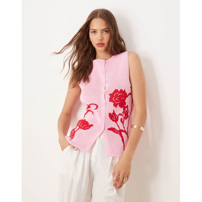 ASOS DESIGN structured knit waistcoat with placement floral in pink 106821125