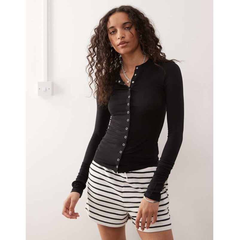 Weekday slim fit button front long sleeve top in black