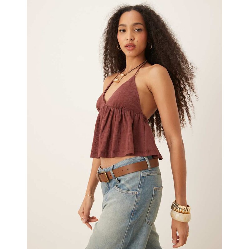 ASOS DESIGN crinkle cami top in burgundy-Red