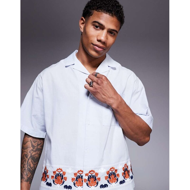 ASOS DESIGN premium boxy oversized shirt with embroidery in light blue