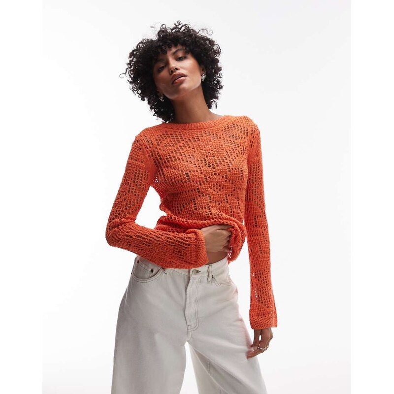 Topshop knitted slash neck lace long sleeve top in orange 106828034