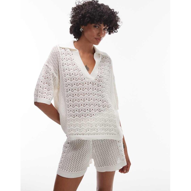 Topshop open stitch co-ord polo top in ivory-White