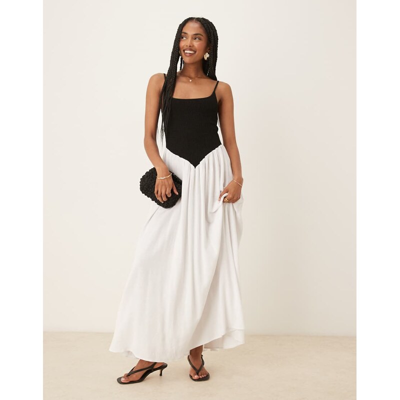 Pretty Lavish Maude shirred contrast maxi dress in black and cream 107149596