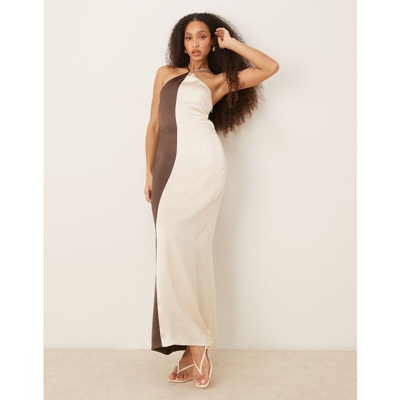 Pretty Lavish Yvete halter neck colourblock maxi dress in brown 107149597