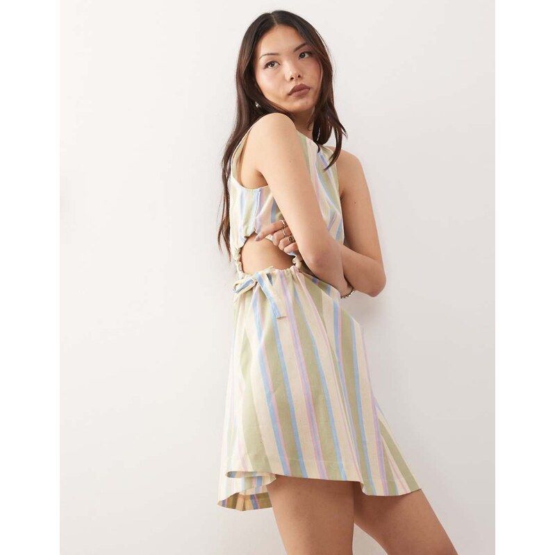 Reclaimed Vintage mini dress with cutouts and tie sides in linen look 107159074