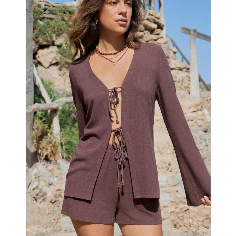 4th & Reckless x Luana Barron linen feel wide sleeve tie front beach 106827962