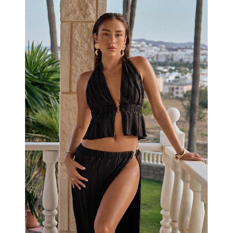 4th & Reckless x Luana Barron plisse halterneck split front gold 106827966