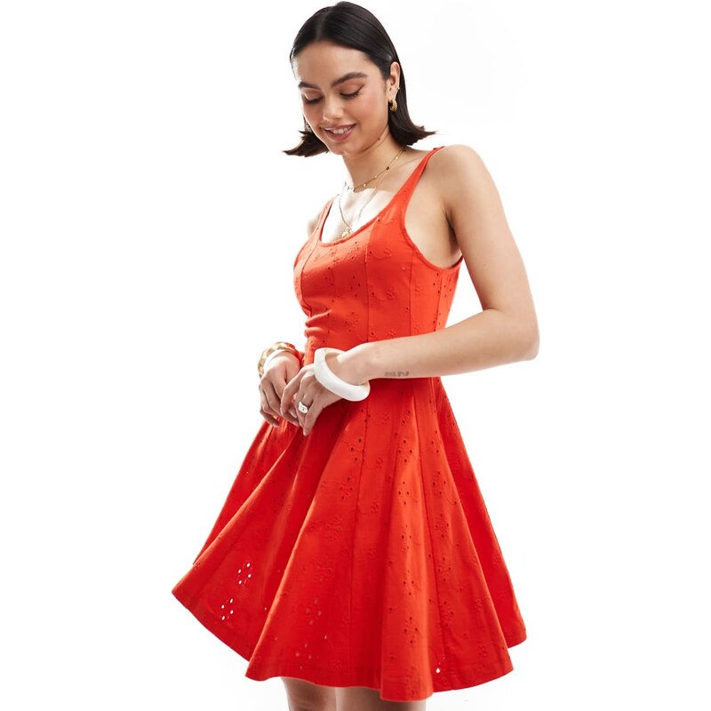 ASOS DESIGN broderie square neck godet mini dress in red