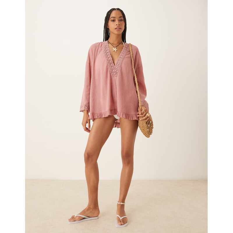 ASOS DESIGN crinkle plunge broderie beach sundress in dusty pink 106827999