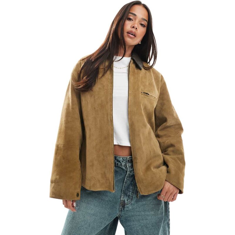 ASOS DESIGN real suede car coat with leather collar in tan-Brown 106828018