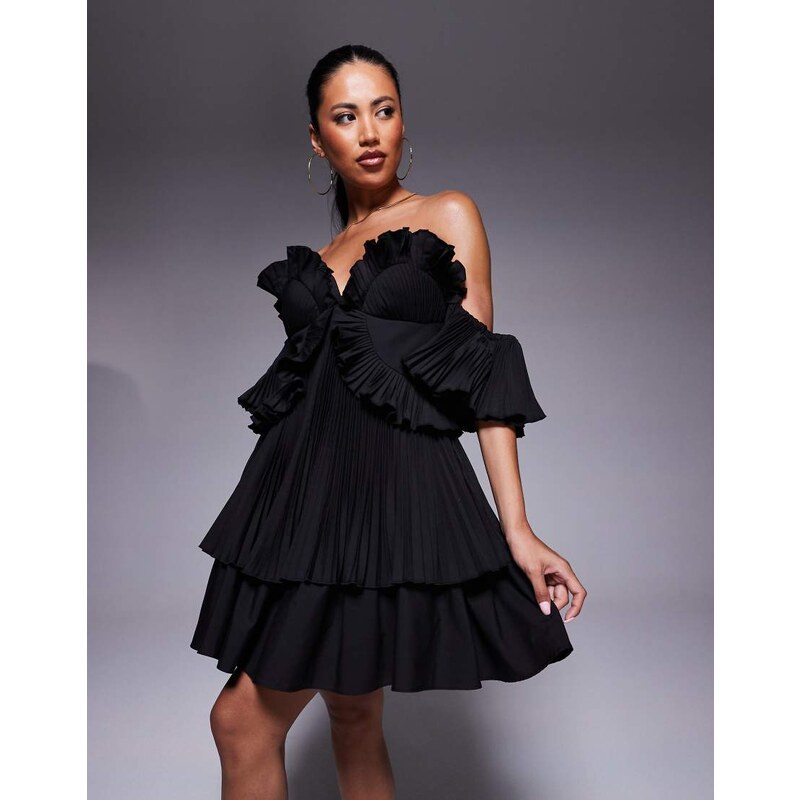 ASOS LUXE cotton poplin pleated bandeau mini skater dress in black 106828022