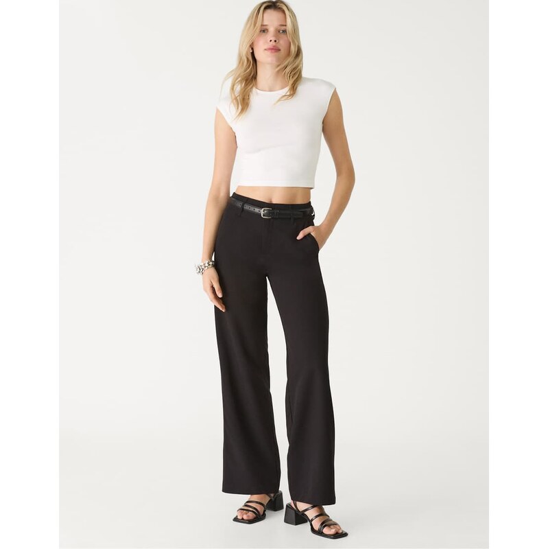 Stradivarius straight leg smart trousers with belt in black