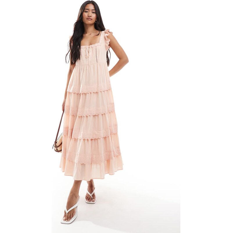Miss Selfridge lace broderie trim babydoll maxi dress in peach-Yellow 107714381