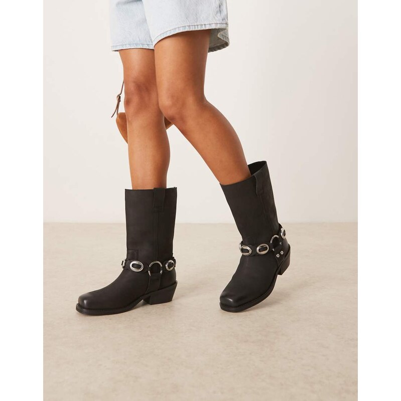 ASOS DESIGN Chase leather boho harness knee boot in black nubuck 109646190