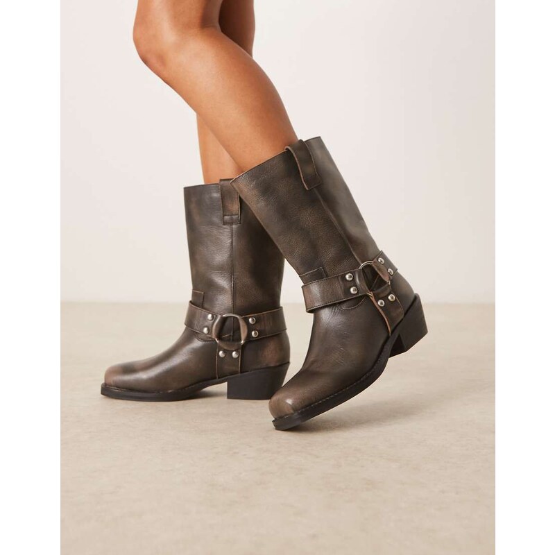 ASOS DESIGN Cyrus leather harness knee boot in aged grey 107996955