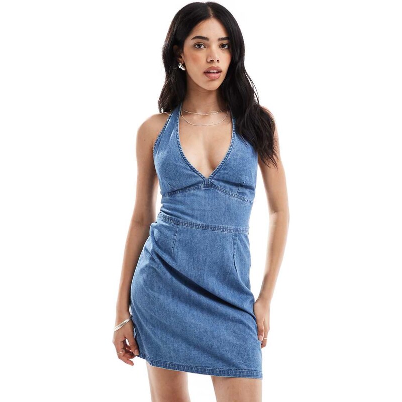 ASOS DESIGN denim halter neck mini dress in mid blue