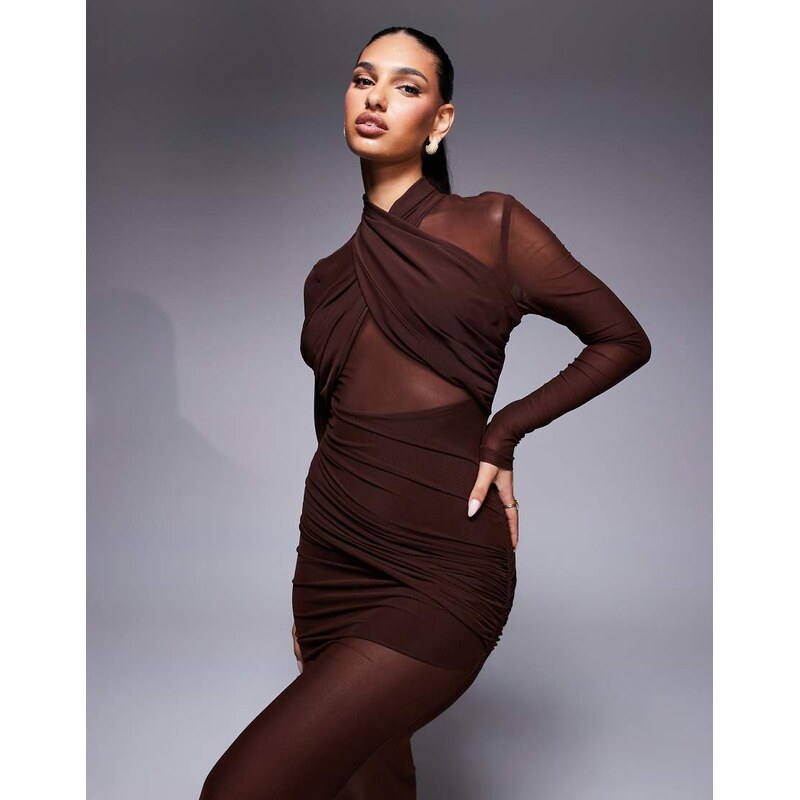 Bardot Veria wrap mesh maxi dress in chocolate-Brown