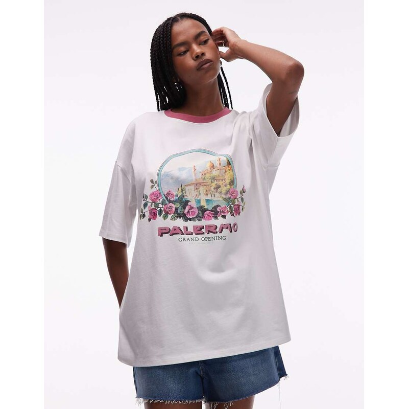 Topshop graphic oversized Palermo holiday t-shirt in white 106838338