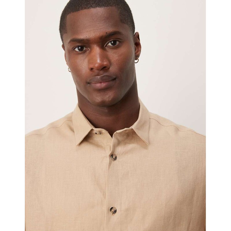 ASOS DESIGN 100% linen boxy regular shirt in sand-Neutral