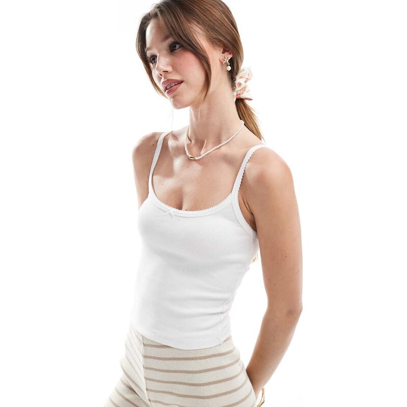 Miss Selfridge ribbed bow trim cami top in white 111335310
